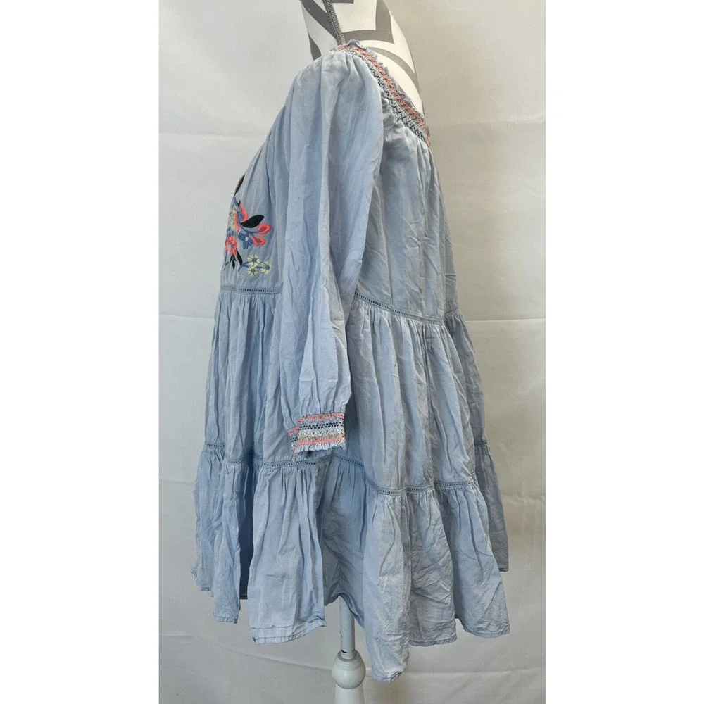 Free People Spell On You Floral Embroidered Dress 3/4 Sleeve Light Blue Medium - Picture 4 of 9